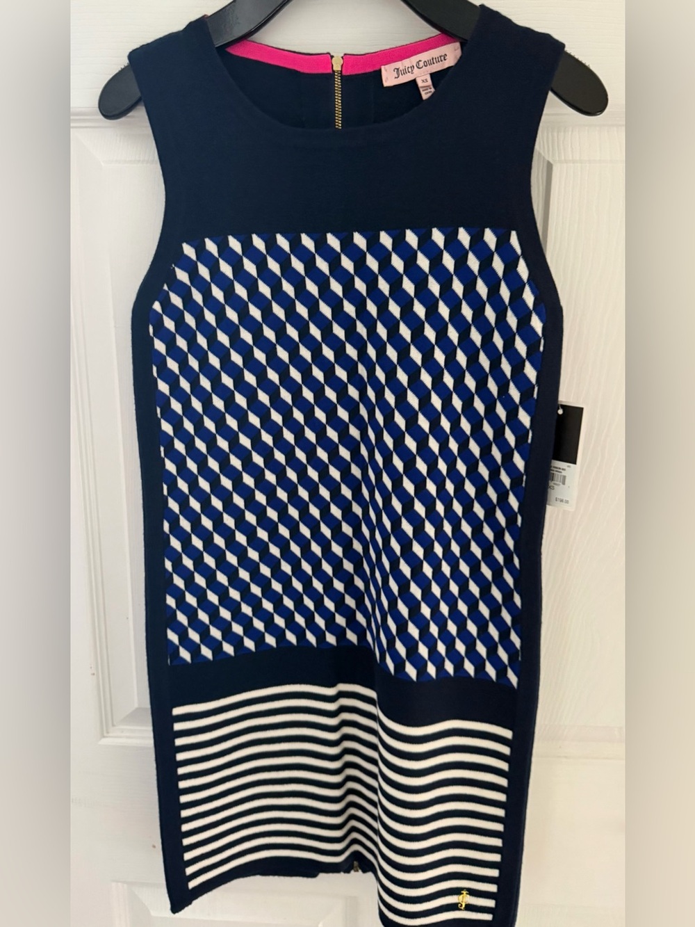 NWT Juicy Couture Navy Blue & White Geometric Knit Dress